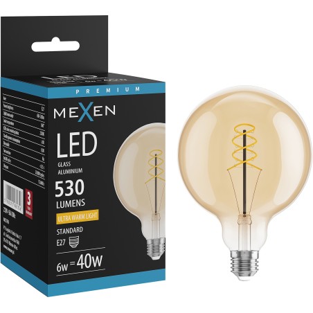 Mexen Vintis żarówka filament spirala LED E27, G125, 6W, Ciepła - 2200K, 530 lm, amber - L168-E27-0622-50