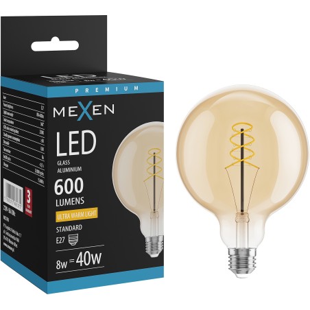 Mexen Vintis żarówka filament spirala LED E27, G125, 8W, Ciepła - 2200K, 600 lm, amber - L168-E27-0822-50