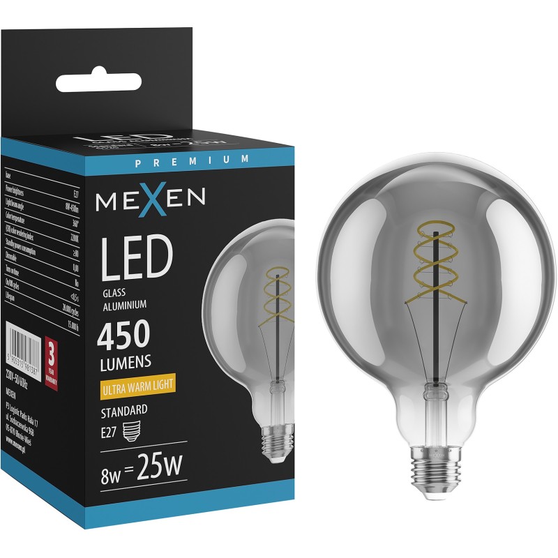 Mexen Vintis żarówka filament spirala LED E27, G125, 8W, Ciepła - 2200K, 450 lm, smoke - L168-E27-0822-70