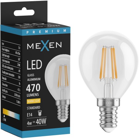 Mexen Vintis żarówka filament LED E14, G45, 4W, Ciepła - 2700K, 470 lm, clear - L156-E14-0427-00