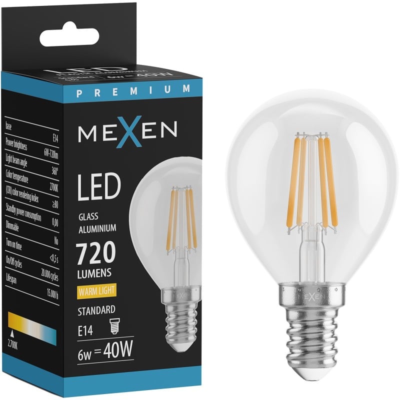 Mexen Vintis żarówka filament LED E14, G45, 6W, Ciepła - 2700K, 720 lm, clear - L156-E14-0627-00