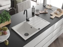 Mexen Bruno zlewozmywak granitowy 1-komorowy z ociekaczem 795 x 495 mm, biały, syfon czarny - 6513791010-20-B