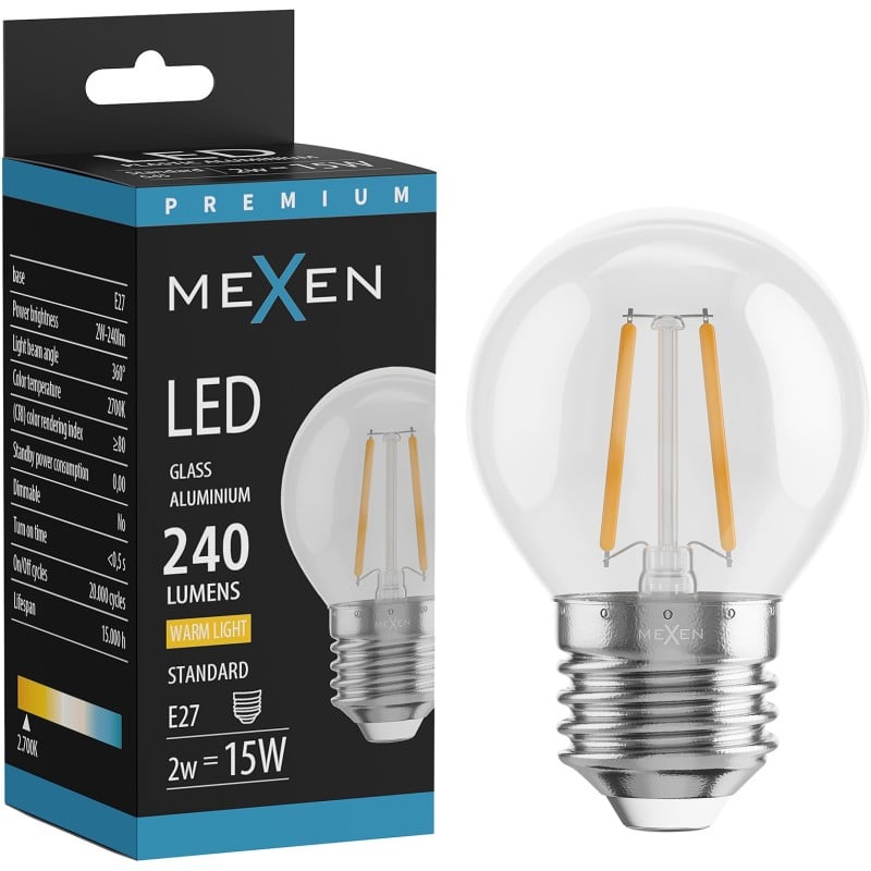 Mexen Vintis żarówka filament LED E27, G45, 2W, Ciepła - 2700K, 240 lm, clear - L156-E27-0227-00