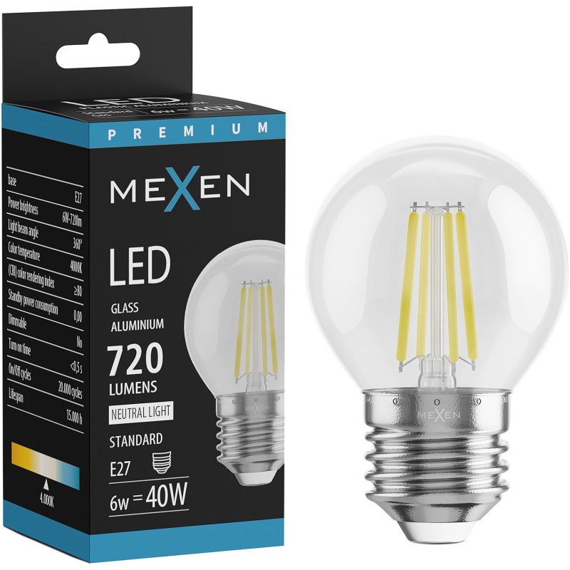 Mexen Vintis żarówka filament LED E27, G45, 6W, Neutralna - 4000K, 720 lm, clear - L156-E27-0627-00