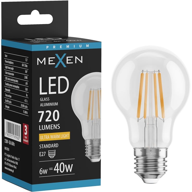 Mexen Vintis żarówka filament LED E27, A60, 6W, Ciepła - 2200K, 720 lm, clear - L150-E27-0622-00