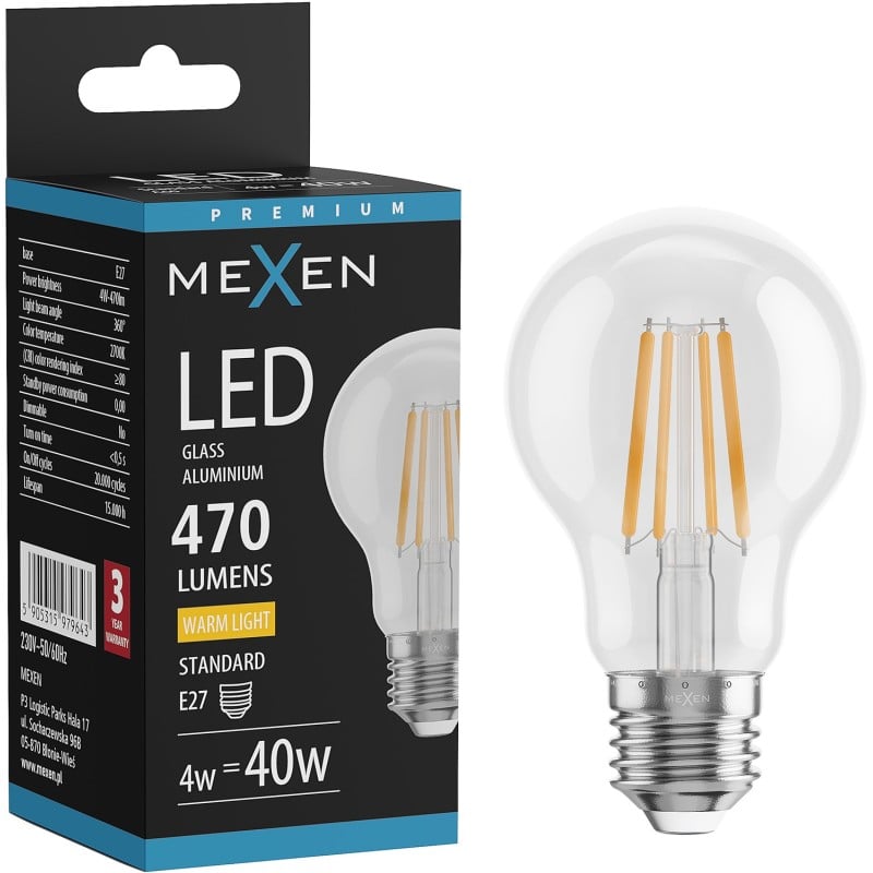 Mexen Vintis żarówka filament LED E27, A60, 4W, Ciepła - 2700K, 470 lm, clear - L150-E27-0427-00