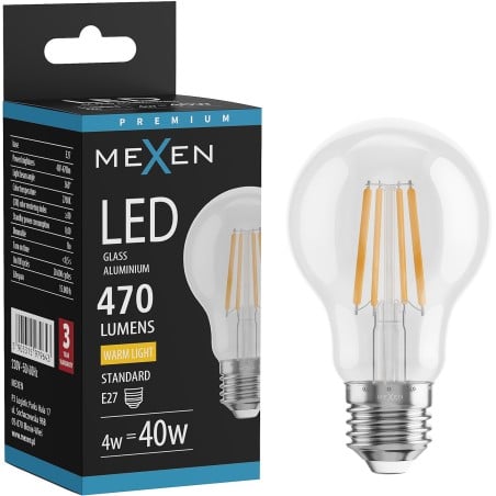 Mexen Vintis żarówka filament LED E27, A60, 4W, Ciepła - 2700K, 470 lm, clear - L150-E27-0427-00