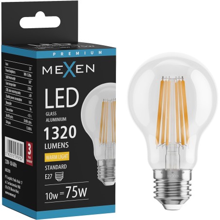 Mexen Vintis żarówka filament LED E27, A60, 10W, Ciepła - 2700K, 1320 lm, clear - L150-E27-1027-00