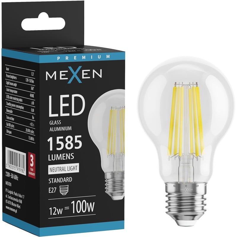 Mexen Vintis żarówka filament LED E27, A60, 12W, Neutralna - 4000K, 1585 lm, clear - L150-E27-1240-00
