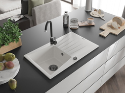 Mexen Cesar zlewozmywak granitowy 1-komorowy z ociekaczem 775 x 470 mm, biały, syfon czarny - 6514771010-20-B