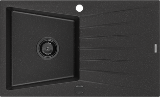 Mexen Cesar zlewozmywak granitowy 1-komorowy z ociekaczem 775 x 470 mm, czarny/srebrny metalik, syfon czarny - 6514771010-73-B