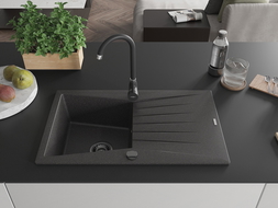 Mexen Cesar zlewozmywak granitowy 1-komorowy z ociekaczem 775 x 470 mm, czarny nakrapiany, syfon czarny - 6514771010-76-B