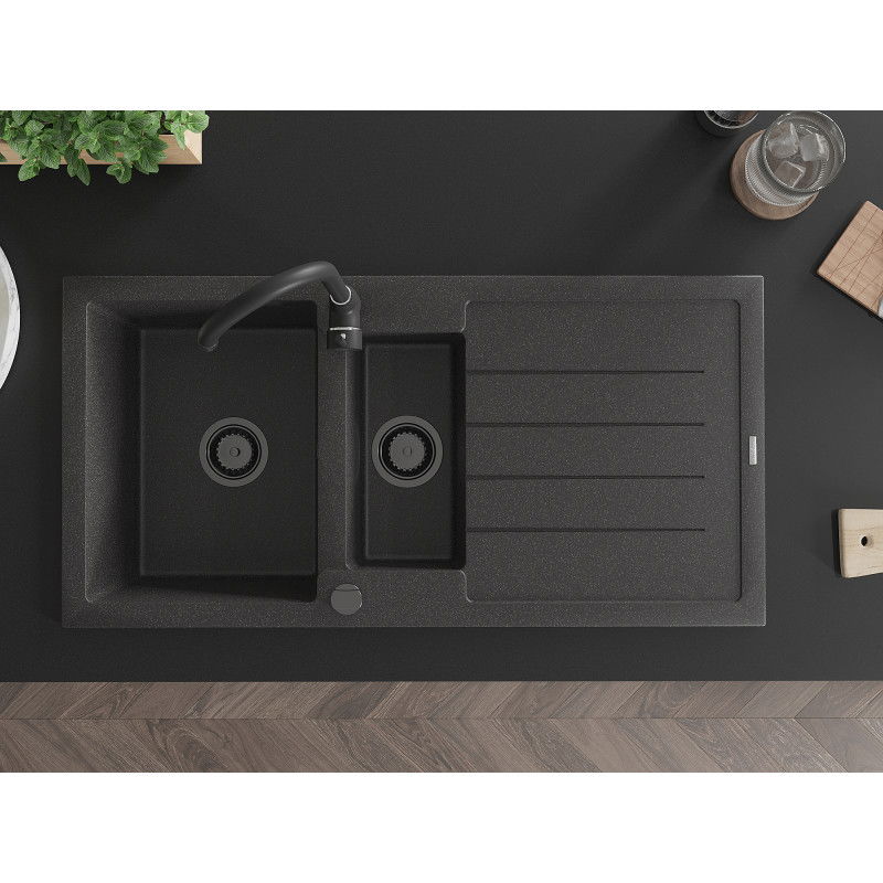 Mexen Andres zlewozmywak granitowy 1,5-komorowy z ociekaczem 1000 x 500 mm czarny nakrapiany, syfon czarny - 6515101510-76-B