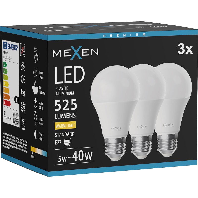 Mexen Nova 3x żarówka LED E27, A60, 5W, Ciepła - 3000K, 525 lm - L100-E27-0530-01x03