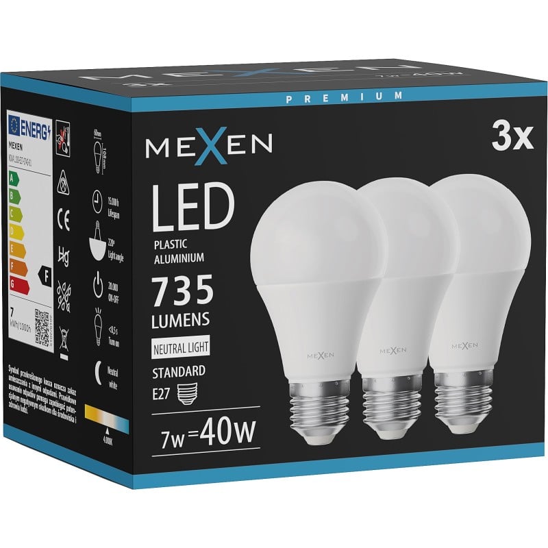 Mexen Nova 3x żarówka LED E27, A60, 7W, Neutralna - 4000K, 735 lm - L100-E27-0740-01x03