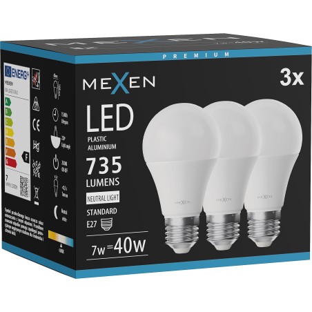 Mexen Nova 3x żarówka LED E27, A60, 7W, Neutralna - 4000K, 735 lm - L100-E27-0740-01x03