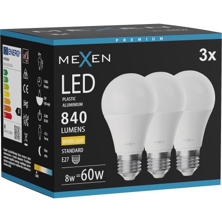 Mexen Nova 3x żarówka LED E27, A60, 8W, Ciepła - 3000K, 840 lm - L100-E27-0830-01x03