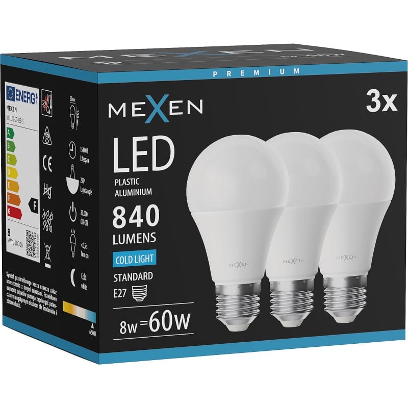 Mexen Nova 3x żarówka LED E27, A60, 8W, Zimna - 6500K, 840 lm - L100-E27-0865-01x03