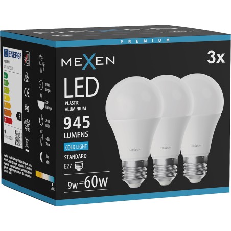 Mexen Nova 3x żarówka LED E27, A60, 9W, Zimna - 6500K, 945 lm - L100-E27-0965-01x03