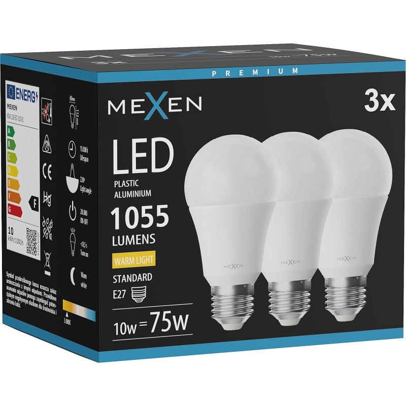 Mexen Nova 3x żarówka LED E27, A60, 10W, Ciepła - 3000K, 1055 lm - L100-E27-1030-01x03