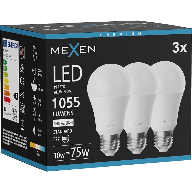 Mexen Nova 3x żarówka LED E27, A60, 10W, Neutralna - 4000K, 1055 lm - L100-E27-1040-01x03