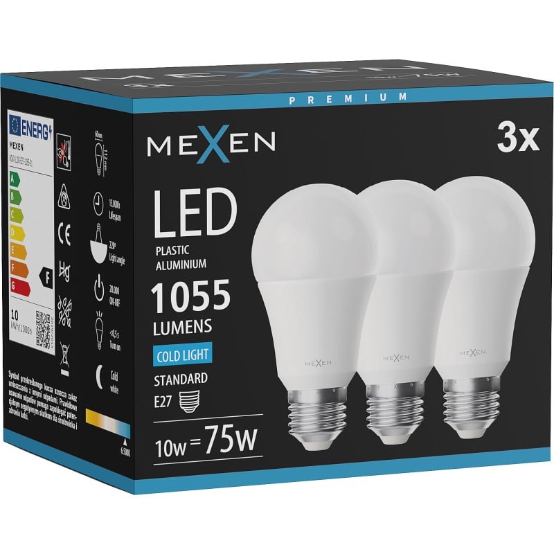 Mexen Nova 3x żarówka LED E27, A60, 10W, Zimna - 6500K, 1055 lm - L100-E27-1065-01x03