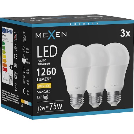 Mexen Nova 3x żarówka LED E27, A60, 12W, Ciepła - 3000K, 1260 lm - L100-E27-1230-01x03