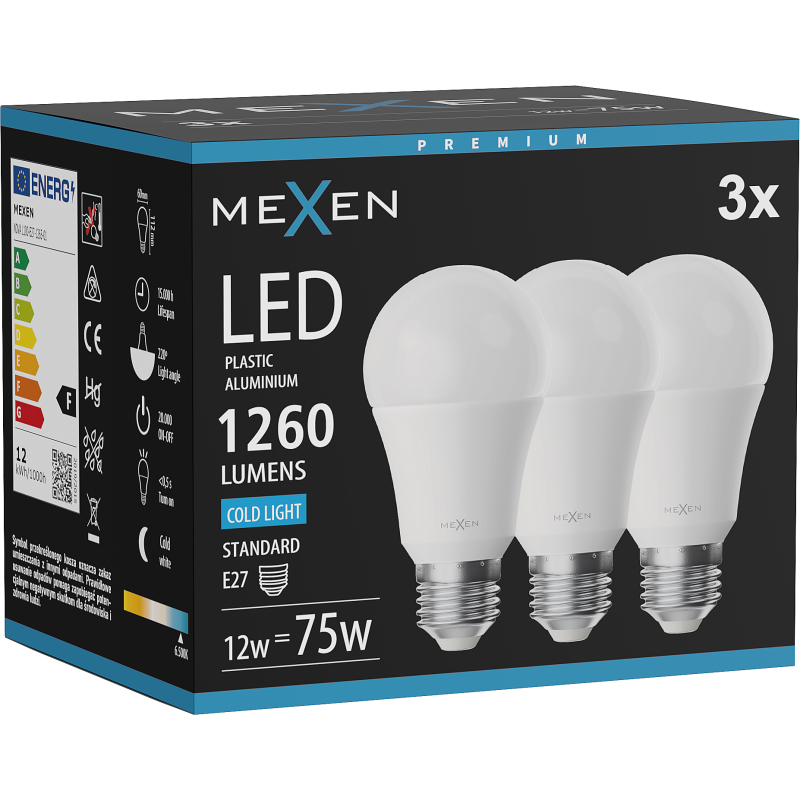 Mexen Nova 3x żarówka LED E27, A60, 12W, Zimna - 6500K, 1260 lm - L100-E27-1265-01x03