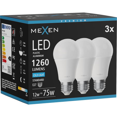 Mexen Nova 3x żarówka LED E27, A60, 12W, Zimna - 6500K, 1260 lm - L100-E27-1265-01x03