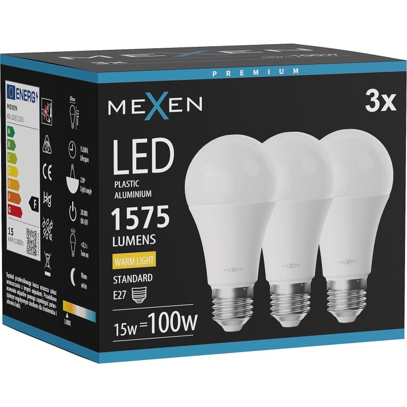 Mexen Nova 3x żarówka LED E27, A60, 15W, Ciepła - 3000K, 1575 lm - L100-E27-1530-01x03