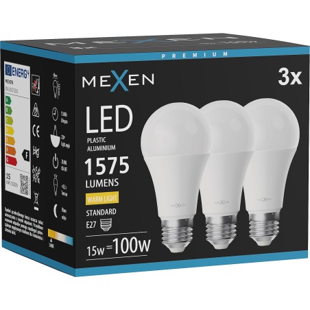 Mexen Nova 3x żarówka LED E27, A60, 15W, Ciepła - 3000K, 1575 lm - L100-E27-1530-01x03