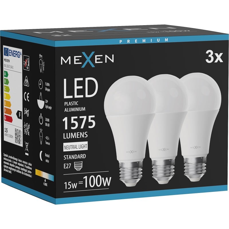 Mexen Nova 3x żarówka LED E27, A60, 15W, Neutralna - 4000K, 1575 lm - L100-E27-1540-01x03