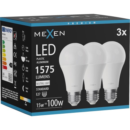 Mexen Nova 3x żarówka LED E27, A60, 15W, Neutralna - 4000K, 1575 lm - L100-E27-1540-01x03