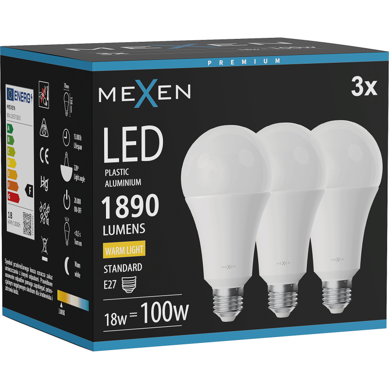 Mexen Nova 3x żarówka LED E27, A70, 18W, Ciepła - 3000K, 1890 lm - L100-E27-1830-01x03