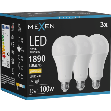Mexen Nova 3x żarówka LED E27, A70, 18W, Ciepła - 3000K, 1890 lm - L100-E27-1830-01x03