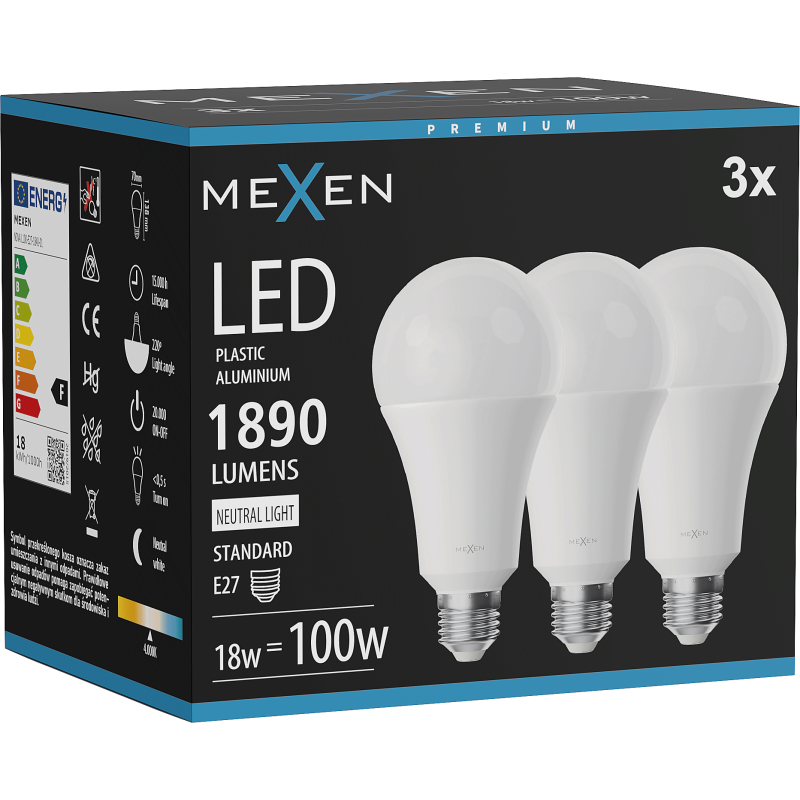Mexen Nova 3x żarówka LED E27, A70, 18W, Neutralna - 4000K, 1890 lm - L100-E27-1840-01x03