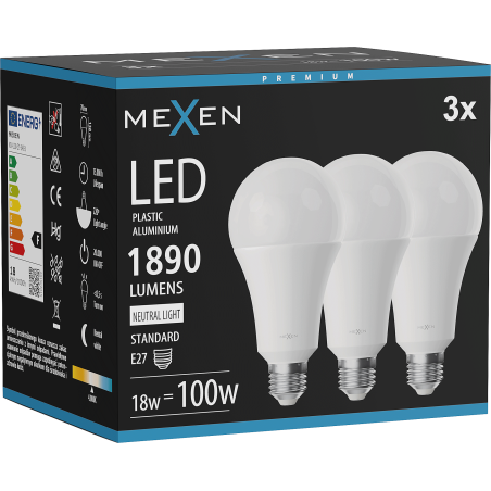 Mexen Nova 3x żarówka LED E27, A70, 18W, Neutralna - 4000K, 1890 lm - L100-E27-1840-01x03