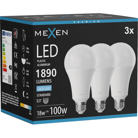 Mexen Nova 3x żarówka LED E27, A70, 18W, Zimna - 6500K, 1890 lm - L100-E27-1865-01x03