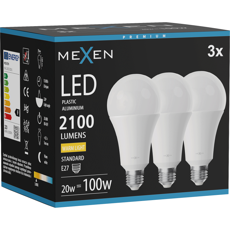 Mexen Nova 3x żarówka LED E27, A70, 20W, Ciepła - 3000K, 2100 lm - L100-E27-2030-01x03
