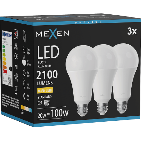 Mexen Nova 3x żarówka LED E27, A70, 20W, Ciepła - 3000K, 2100 lm - L100-E27-2030-01x03