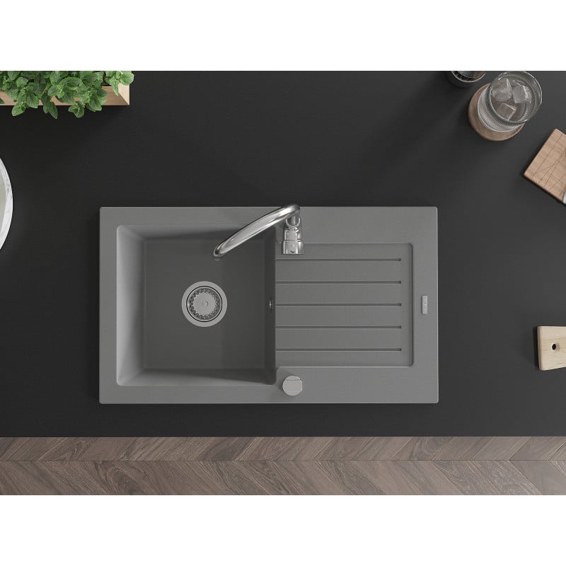 Mexen Pablo zlewozmywak granitowy 1-komorowy z ociekaczem 752 x 436 mm, szary, syfon chrom - 6510751010-71