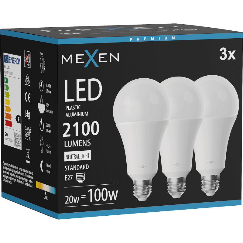 Mexen Nova 3x żarówka LED E27, A70, 20W, Neutralna - 4000K, 2100 lm - L100-E27-2040-01x03