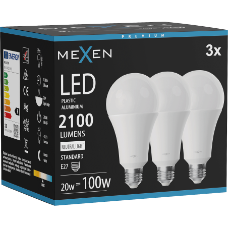 Mexen Nova 3x żarówka LED E27, A70, 20W, Neutralna - 4000K, 2100 lm - L100-E27-2040-01x03