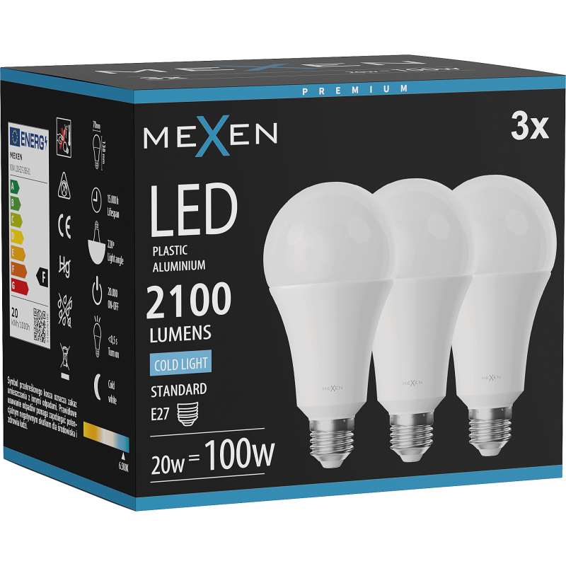 Mexen Nova 3x żarówka LED E27, A70, 20W, Zimna - 6500K, 2100 lm - L100-E27-2065-01x03