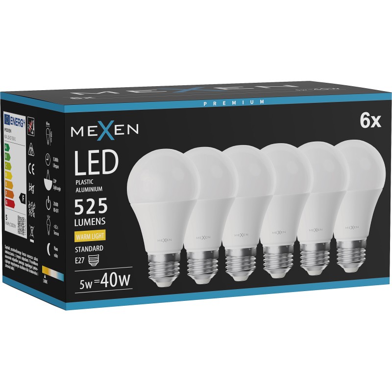 Mexen Nova 6x żarówka LED E27, A60, 5W, Ciepła - 3000K, 525 lm - L100-E27-0530-01x06