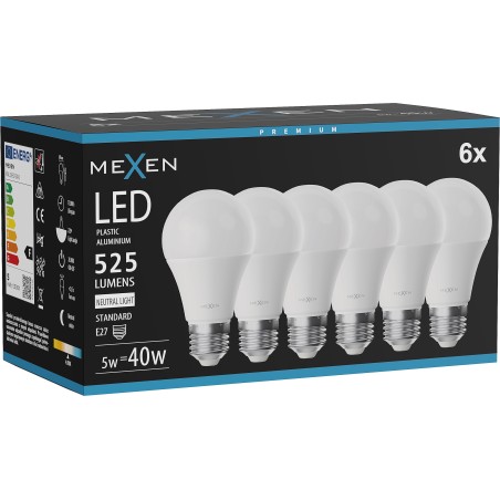 Mexen Nova 6x żarówka LED E27, A60, 5W, Neutralna - 4000K, 525 lm - L100-E27-0540-01x06