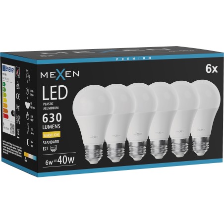 Mexen Nova 6x żarówka LED E27, A60, 6W, Ciepła - 3000K, 630 lm - L100-E27-0630-01x06