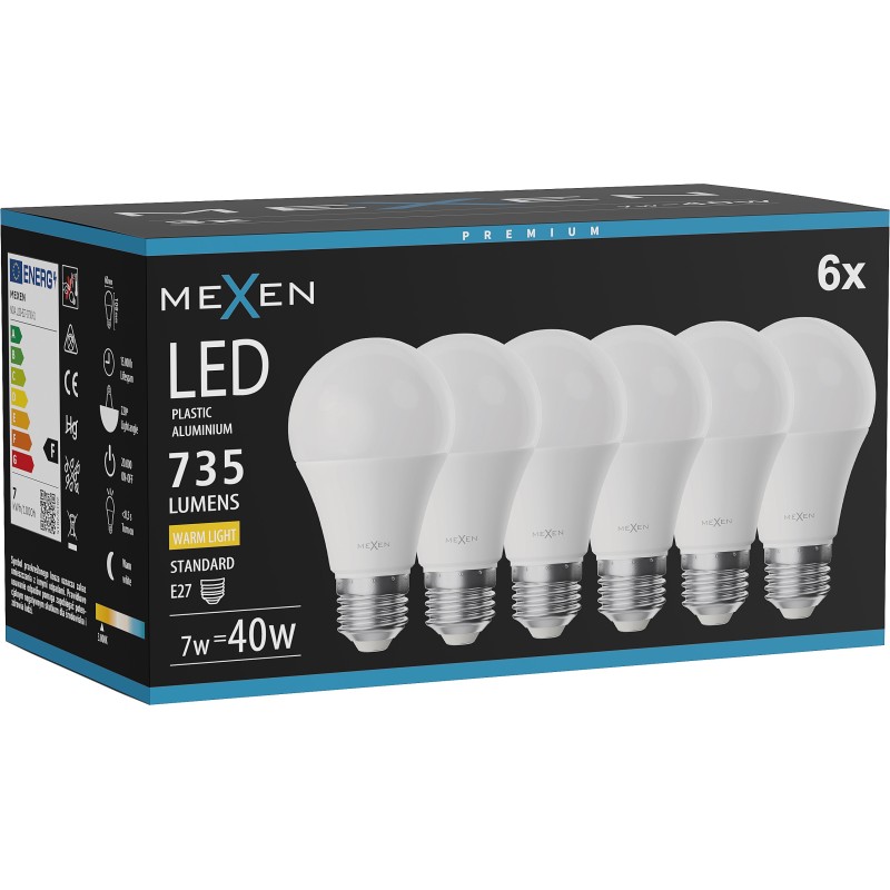 Mexen Nova 6x żarówka LED E27, A60, 7W, Ciepła - 3000K, 735 lm - L100-E27-0730-01x06