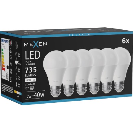 Mexen Nova 6x żarówka LED E27, A60, 7W, Neutralna - 4000K, 735 lm - L100-E27-0740-01x06