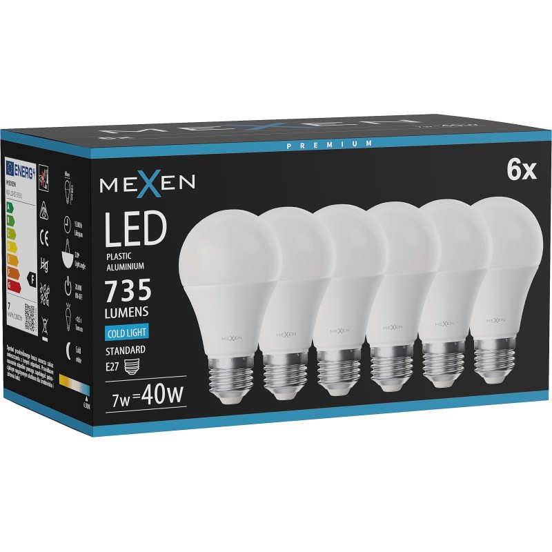 Mexen Nova 6x żarówka LED E27, A60, 7W, Zimna - 6500K, 735 lm - L100-E27-0765-01x06